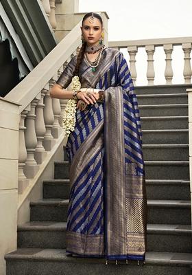 Navy Blue Zari Embroidered Silk Saree Set