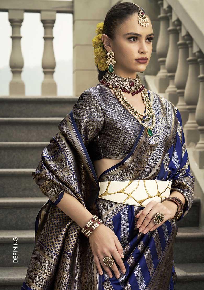 Navy Blue Zari Embroidered Silk Saree Set