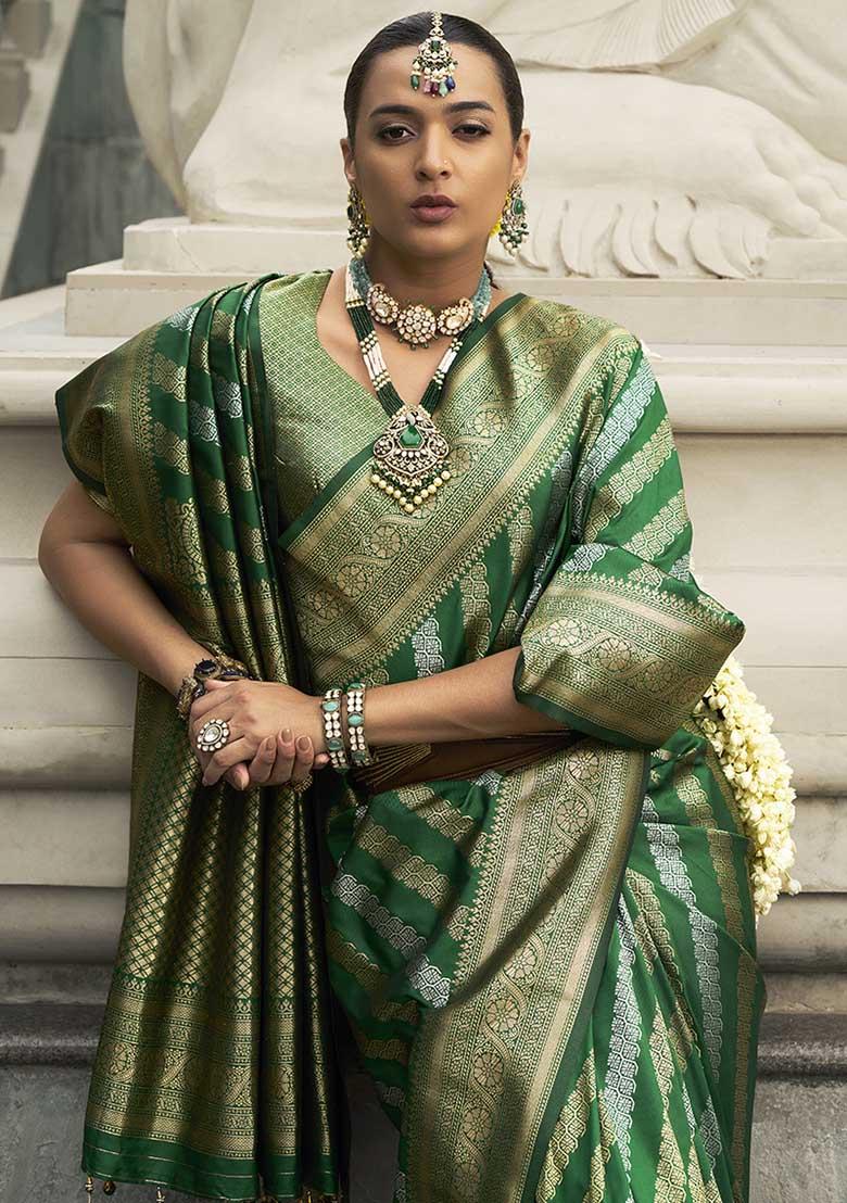 Dark Green Zari Embroidered Silk Saree Set