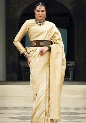 Cream Zari Embroidered Silk Saree Set