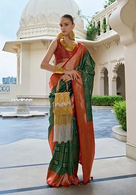 Dark Green Printed Banarasi Silk Saree Set