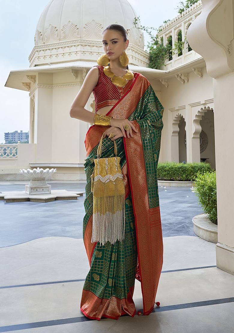 Dark Green Printed Banarasi Silk Saree Set