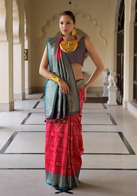 Magenta Printed Banarasi Silk Saree Set