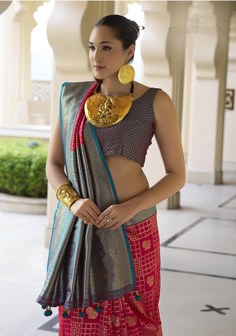 Magenta Printed Banarasi Silk Saree Set