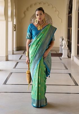 Light Green Printed Banarasi Silk Saree Set