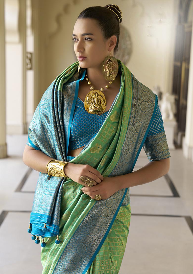 Light Green Printed Banarasi Silk Saree Set