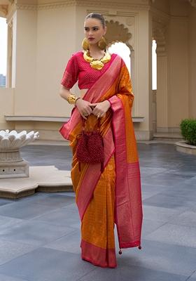 Orange Printed Banarasi Silk Saree Set