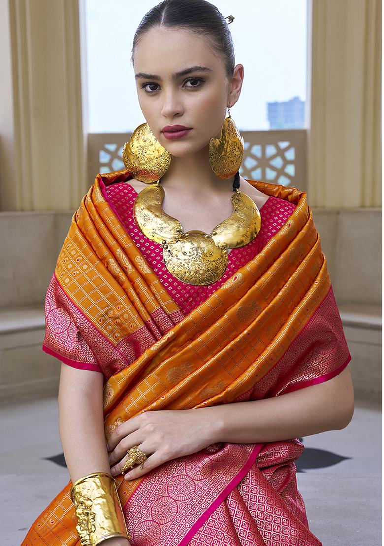 Orange Printed Banarasi Silk Saree Set