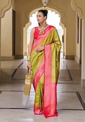 Pear Green Printed Banarasi Silk Saree Set