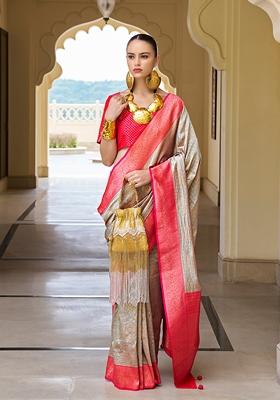 Light Grey Printed Banarasi Silk Saree Set