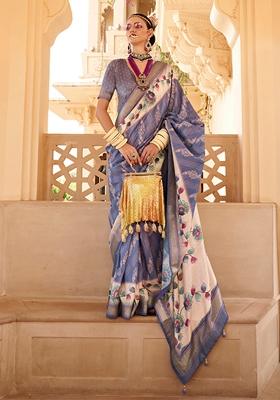 Blue Floral Print Silk Saree Set