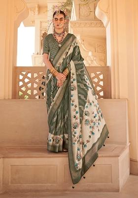 Dark Green Floral Print Silk Saree Set