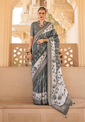 Grey Floral Print Silk Saree Set