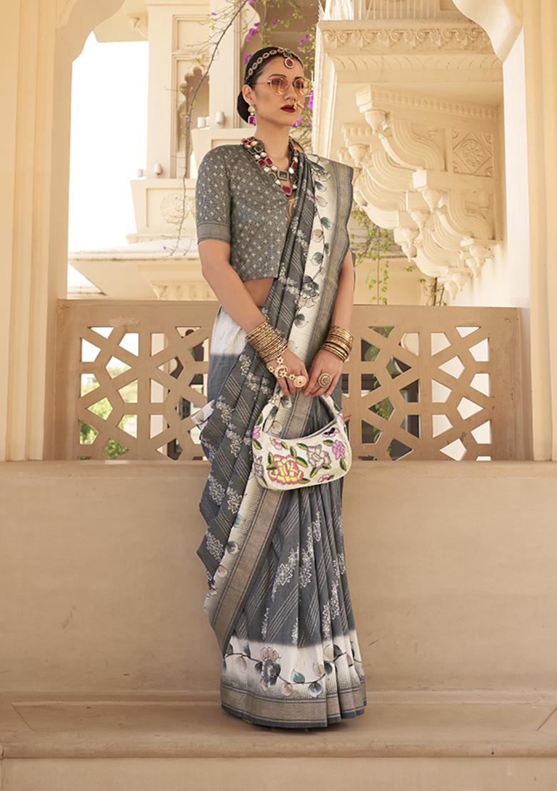 Grey Floral Print Silk Saree Set