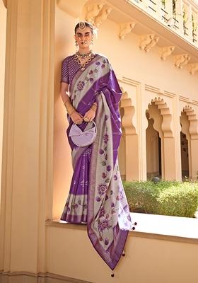 Purple Floral Print Silk Saree Set