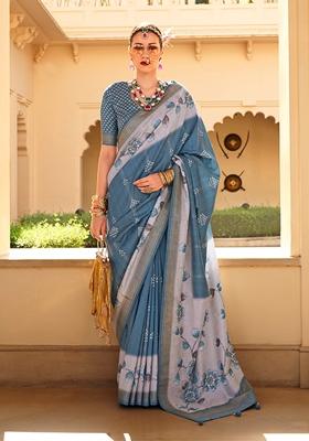 Blue Floral Print Silk Saree Set