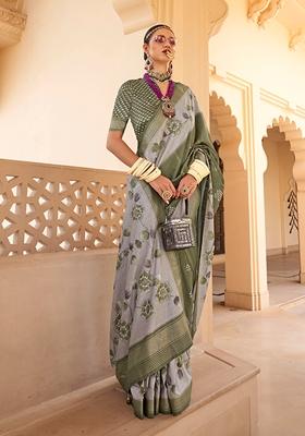 Dark Green Floral Print Silk Saree Set