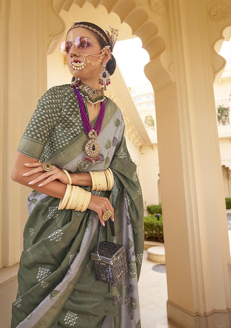 Dark Green Floral Print Silk Saree Set