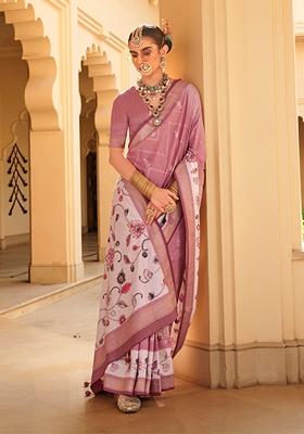 Onion Pink Floral Print Silk Saree Set