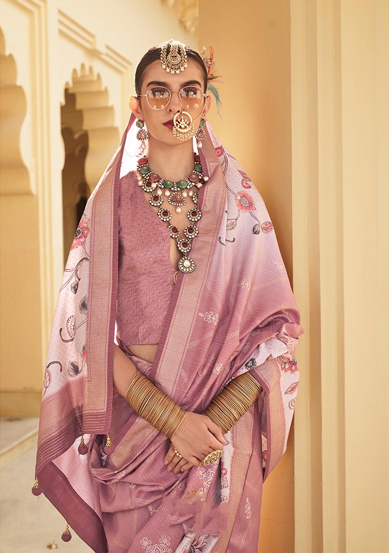 Onion Pink Floral Print Silk Saree Set