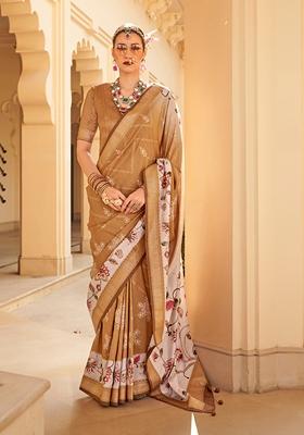 Brown Floral Print Silk Saree Set