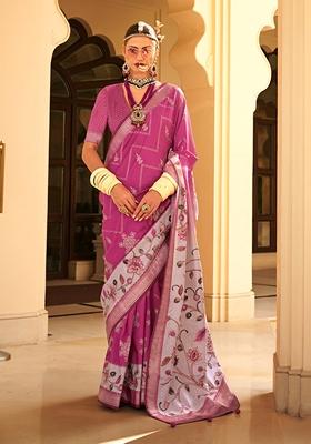 Pink Floral Print Silk Saree Set