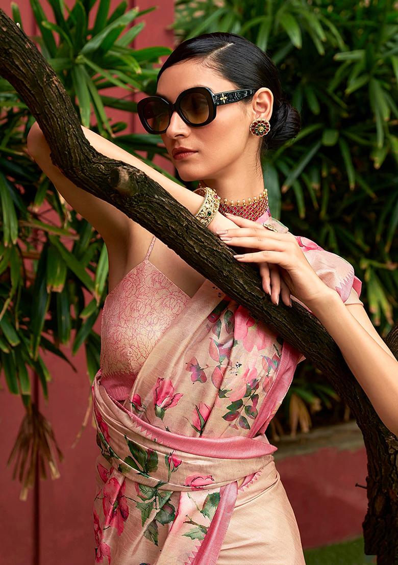 Cream Floral Print Art Silk Saree Set