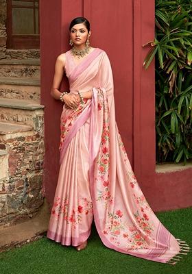 Baby Pink Floral Print Art Silk Saree Set