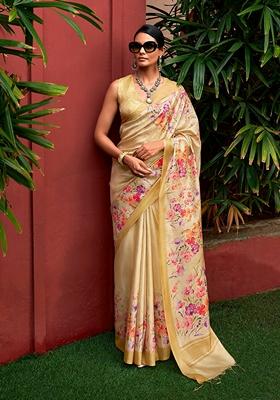 Cream Floral Print Art Silk Saree Set