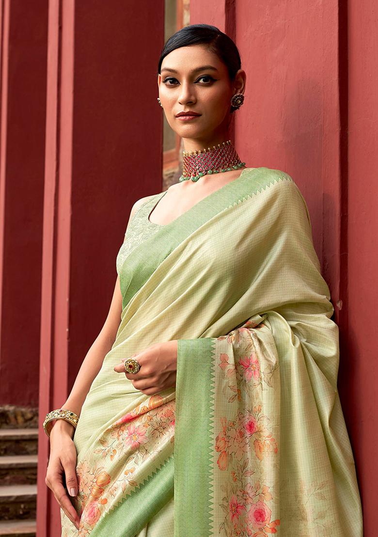 Light Green Floral Print Art Silk Saree Set