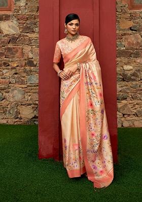 Peach Floral Print Art Silk Saree Set