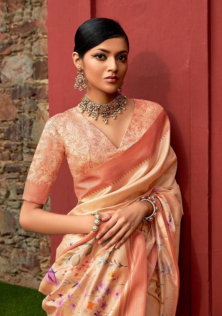 Peach Floral Print Art Silk Saree Set
