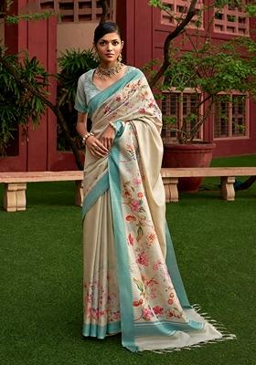 Sky Blue Floral Print Art Silk Saree Set
