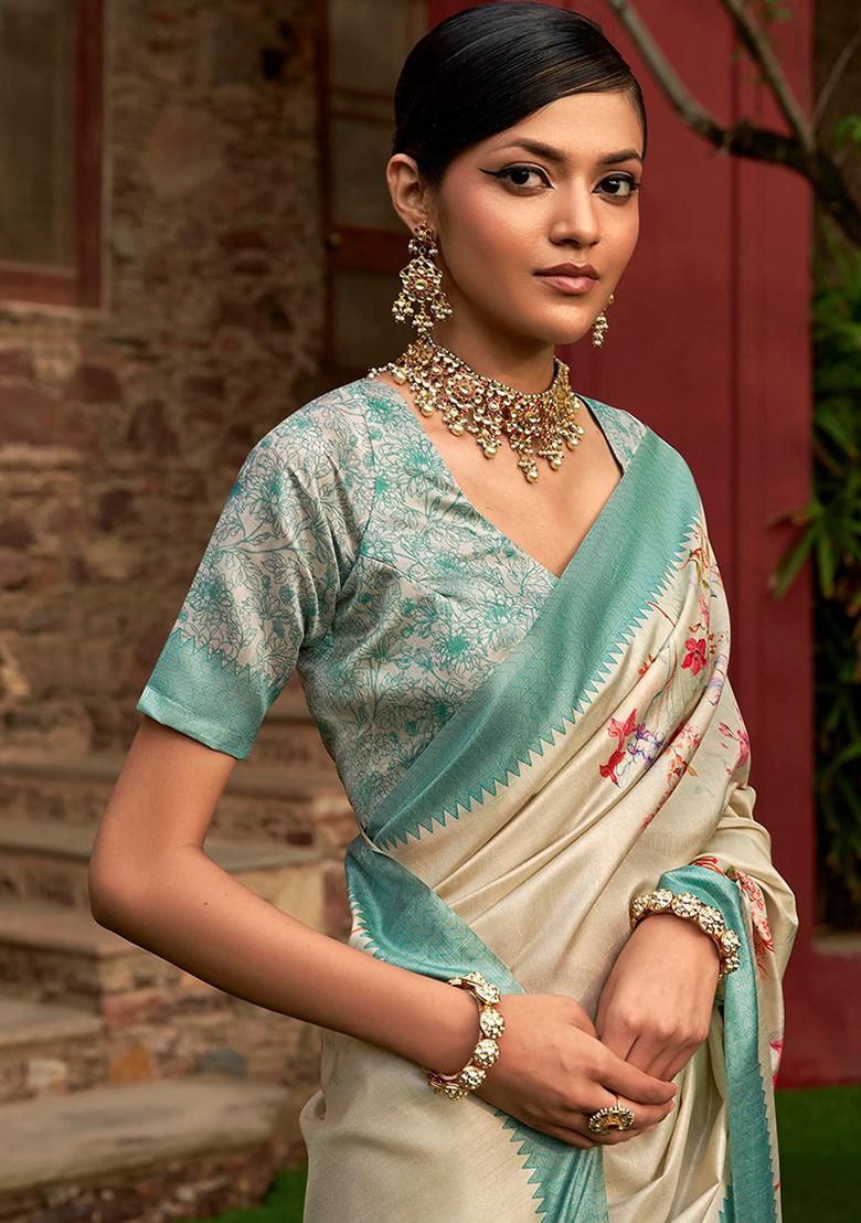 Sky Blue Floral Print Art Silk Saree Set