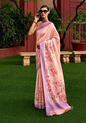 Baby Pink Floral Print Art Silk Saree Set