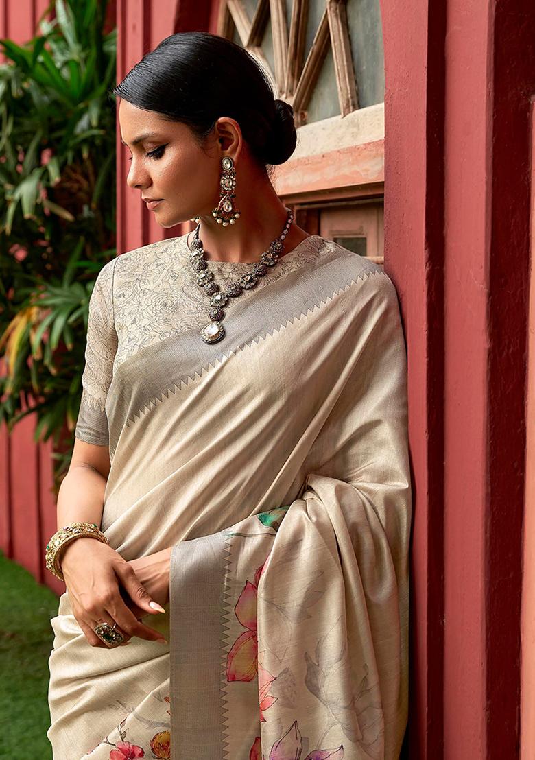 Grey Floral Print Art Silk Saree Set