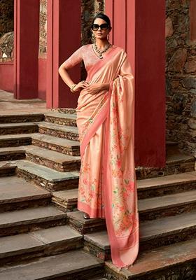 Peach Floral Print Art Silk Saree Set