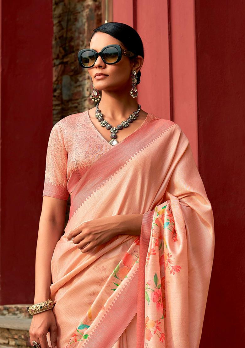 Peach Floral Print Art Silk Saree Set