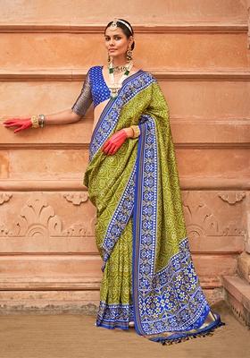 Olive Green Printed Silk Saree Set