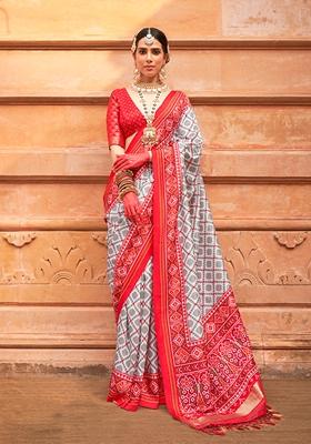 White Printed Silk Saree Set