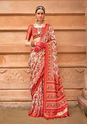 Off White Printed Silk Saree Set