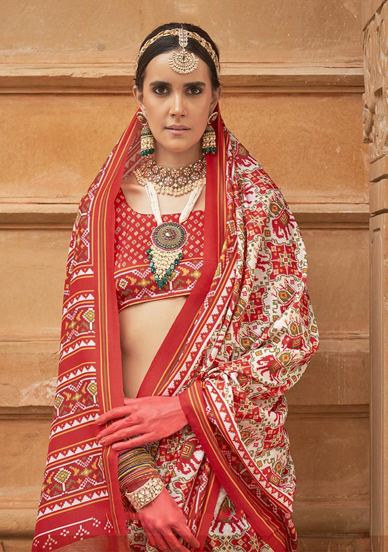 Off White Printed Silk Saree Set