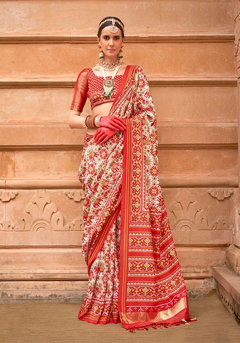 Off White Printed Silk Saree Set