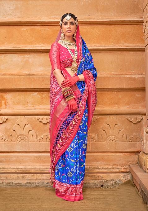 Blue Printed Silk Saree Set