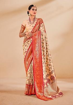 Cream Printed Tissue Saree Set