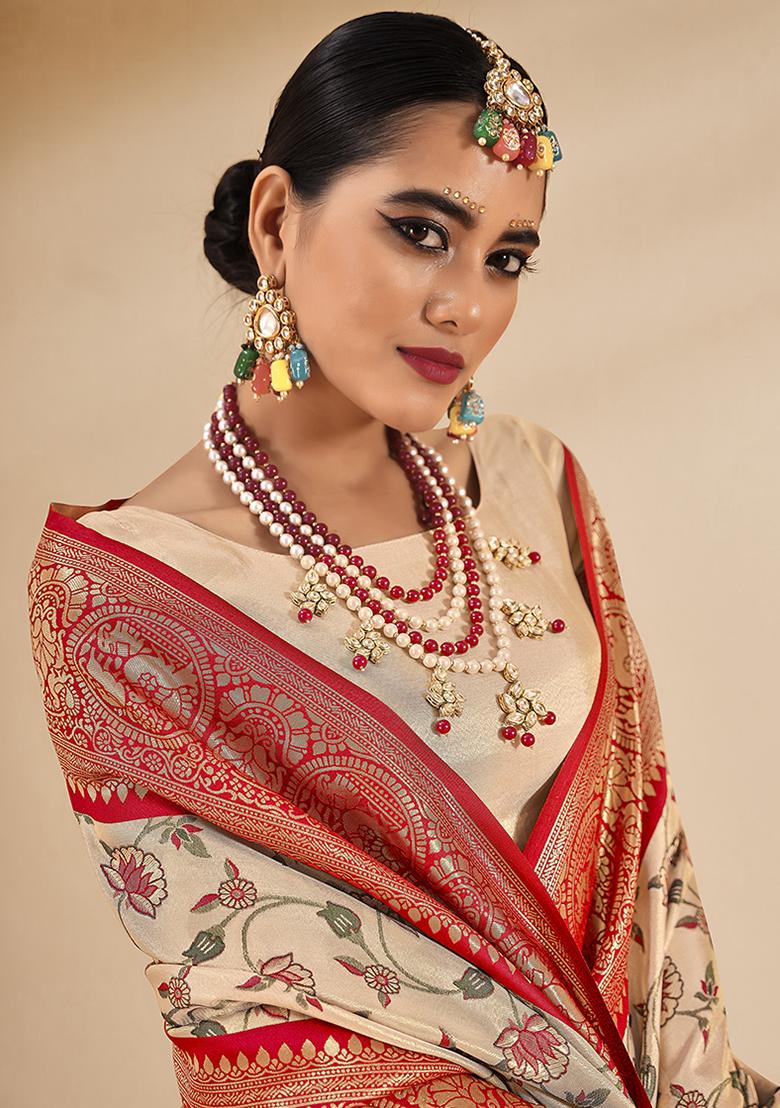 Cream Printed Tissue Saree Set