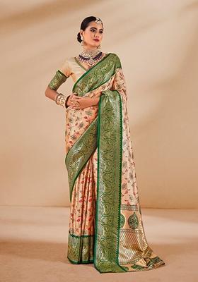 Cream Printed Tissue Saree Set