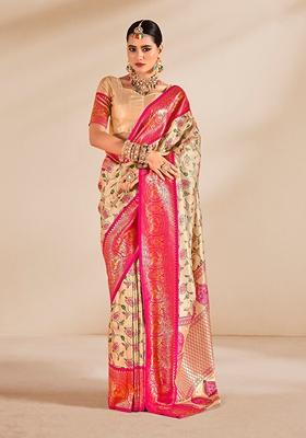 Cream Printed Tissue Saree Set