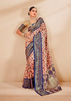 Cream Printed Tissue Saree Set