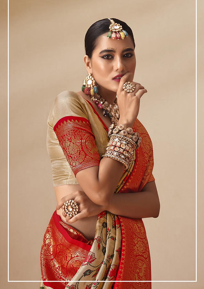 Cream Printed Tissue Saree Set